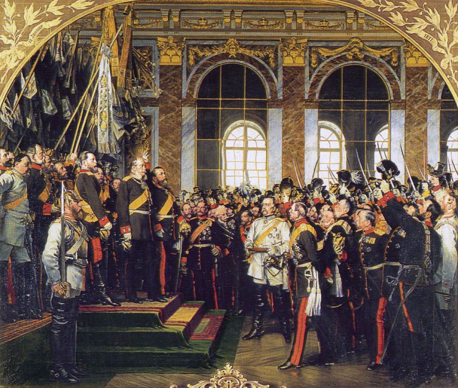 Painting of Wilhelm I proclaimed German emperor in the Hall of Mirrors at Versailles, with Bismarck in white uniform