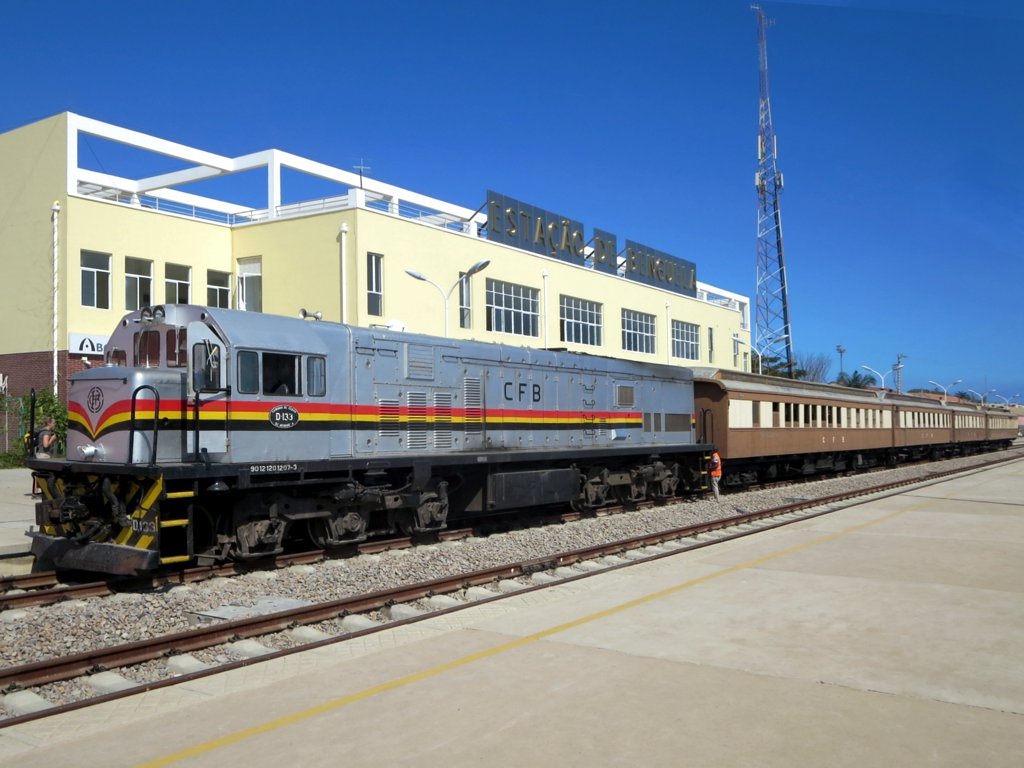 A diesel locomotive pulling into Benguela railway station in Angola